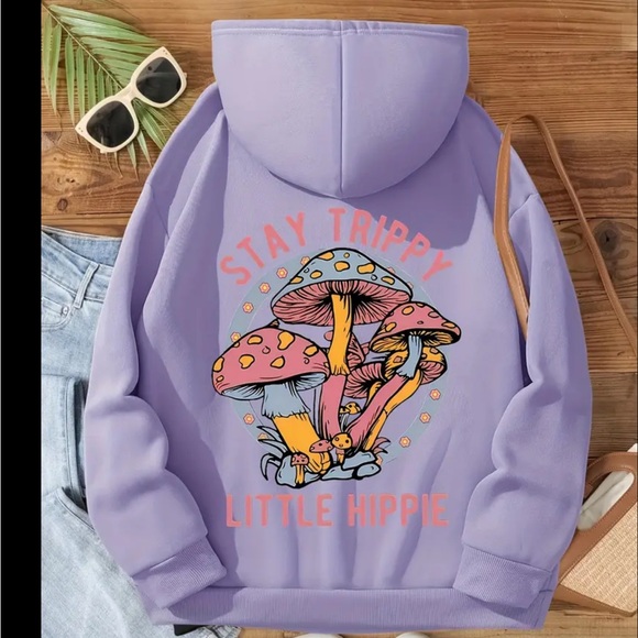 Tops - New purple hoodie top stay trippy little hippie mushroom print size large